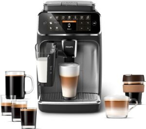 "Philips 4300 Series Fully Automatic Espresso Machine with LatteGo Milk Frother, 8 coffee varieties, intuitive touch display, black finish (EP4347/94)."