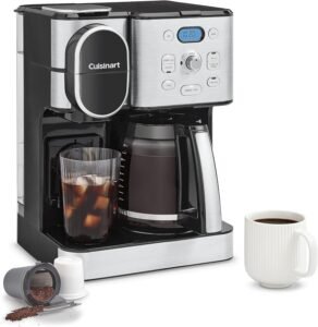 "Stainless steel Cuisinart Coffee Maker with a 12-cup glass carafe, automatic hot and iced coffee functions, and single-serve brewing capabilities, model SS-16."
