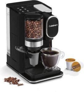 "Black Cuisinart Single Serve Coffee Maker with built-in Coffee Grinder and 48-Ounce Removable Reservoir, model DGB-2."