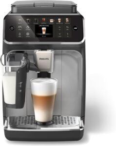 "Philips Series 4400 Fully Automatic LatteGo Espresso Machine, SilentBrew Technology, Quick Start, black chrome finish (EP4444/90)."