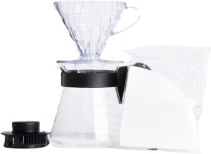Hario V60 pour-over coffee maker on a ceramic coffee mug