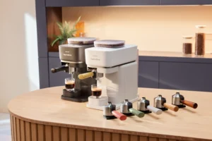 A Philips coffee maker in use on a kitchen counte