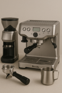 Breville coffee machine instructions and parts ready for first use"