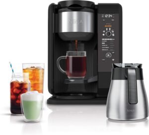"Ninja CP307 Hot and Cold Brewed System, Tea & Coffee Maker in Black, with Auto-iQ, 6 sizes, 5 styles, 5 tea settings, 50 oz thermal carafe, frother, and coffee & tea baskets."