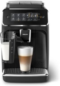 Philips 3200 Series Fully Automatic Espresso Machine with LatteGo Milk System, 5 coffee varieties, intuitive touch display, 100% ceramic grinder, AquaClean filter, black finish