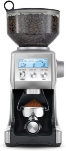 "A brushed stainless steel coffee grinder with an LCD display. It features adjustable grind settings, a large bean hopper, and precise dosing control for consistent coffee grounds."