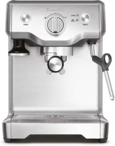 "A brushed stainless steel espresso machine with precise temperature control. It features a steam wand for milk frothing and simple, manual operation for brewing espresso shots."