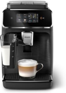 "Philips 2300 Series Fully Automatic Espresso Machine, 4 beverages, modern color touch screen display, LatteGo milk system, SilentBrew, 100% ceramic grinder, AquaClean filter, matte black finish (EP2330/10)."