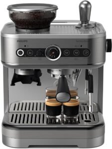 "Philips Barista Brew Semi Automatic Espresso Machine, Single & Double Espresso + Americano Button, 250g Bean Container, Intuitive Guidance, Calibrated Tamping, Metal Silver (PSA3218/01)."