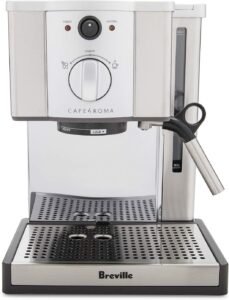 "A stainless steel espresso maker with a 1.2-liter capacity. It features a steam wand for frothing milk and a durable design suitable for home espresso brewing."