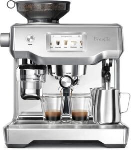 "A brushed stainless steel espresso machine with advanced touchscreen controls. It includes automatic grinding, tamping, and milk frothing features for customizable espresso drinks."