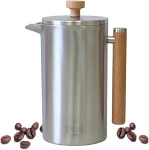 Image of Stellar Living 34 OZ Stainless Steel French Press Coffee Maker with Double Vacuum Insulation, Maximum Flavor Coffee Brewer, Tea and Coffee Press, Camp Coffee Maker - Matte Silver with Wooden Handle.