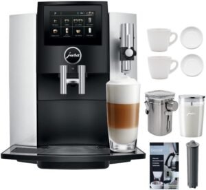 image of Jura S8 Superautomatic Touchscreen Espresso Machine with Milk Container, Bean Canister, Filter, Descaler, and Espresso Cups Bundle (7 Items)