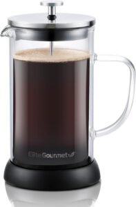 Image of Elite Gourmet FP1223 1 Liter French Press Coffee Maker, Double Wall Insulated Borosilicate Glass Carafe, Dishwasher Safe Stainless Steel Filter/Plunger Assembly, Removable Silicone Base, Easy to Clean.