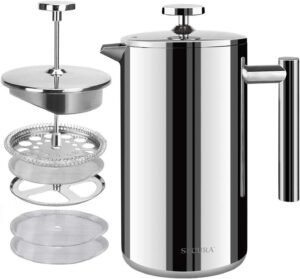 Image of Secura French Press Coffee Maker, 304 Grade Stainless Steel Insulated Coffee Press with 2 Extra Screens, 12oz (0.35 Litre), Silver (SFP-12DS).