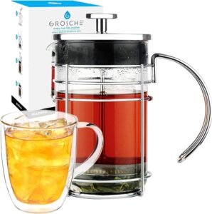 Image of GROSCHE Madrid French Press coffee maker or tea press (34 fl oz) and Cyprus Double Walled glass mug (16 fl oz) bundle.